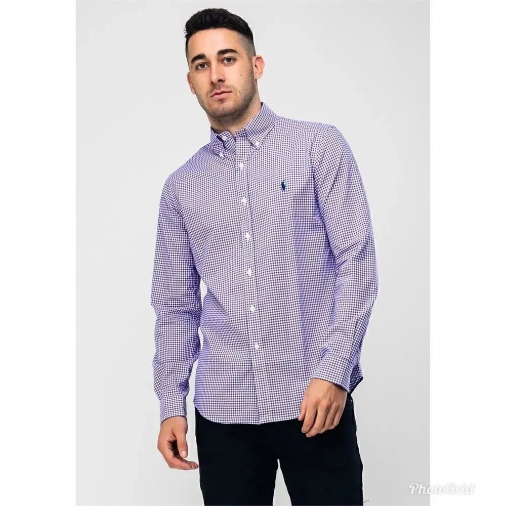 Ralph Lauren Mens Purple Slim Fit Gingham Plaid Collared Shirt